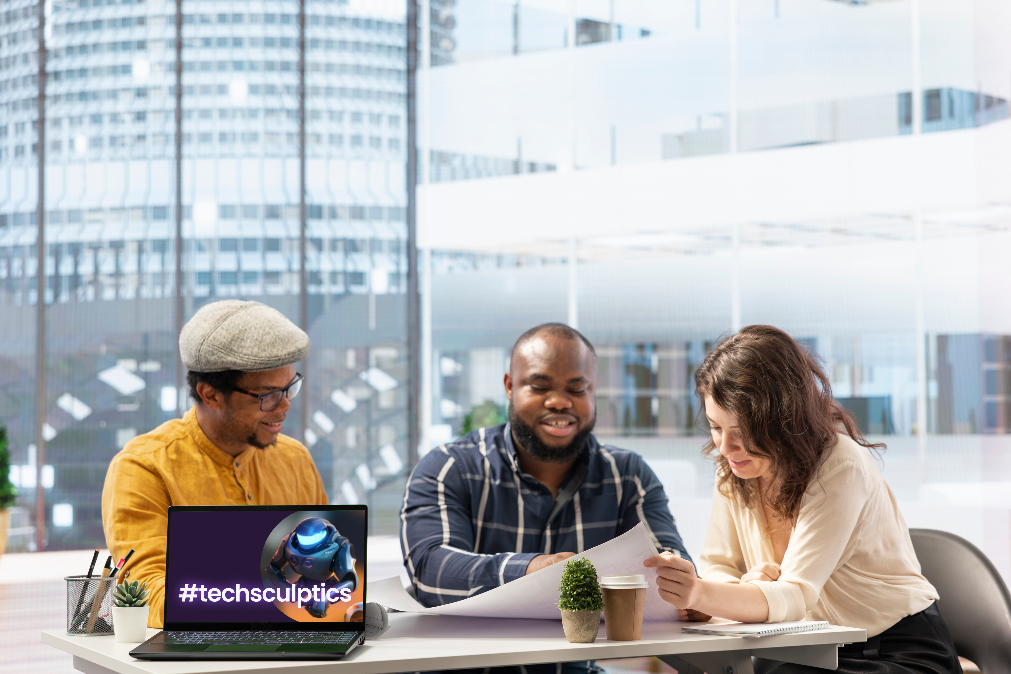 Two women sitting at a modern table talking with a city view behind them.